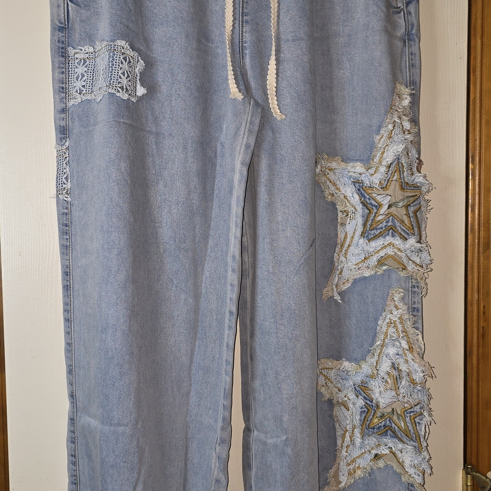 Women's L POL Star Patchwork Jogger Pants Boho Hippie Trendy NWOT - Picture 4 of 11